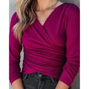 NWT Endless Rose Women XS V-Neck Long Sleeve Shirring Detail Crossover Top Berry